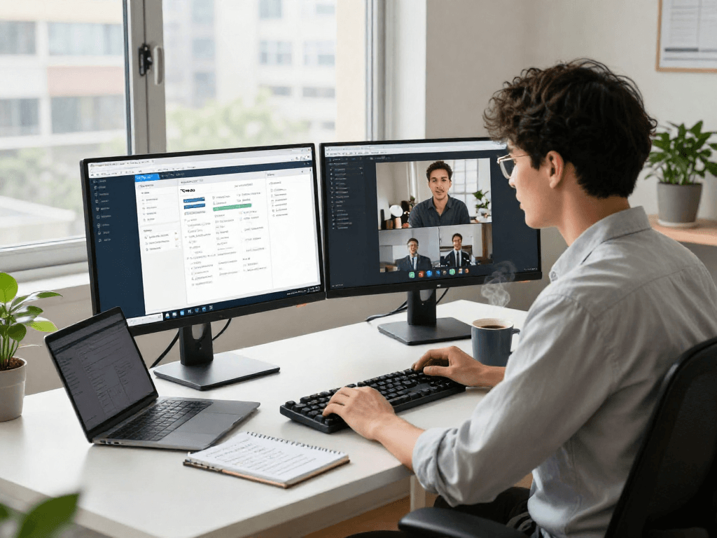 Professional using ToDesk in a stylish remote workspace for effective collaboration.