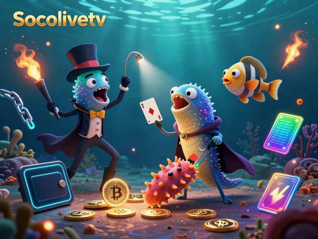 Socolivetv showcases a lively underwater magic act with a gulper eel and anglerfish amidst vibrant gambling-themed elements.