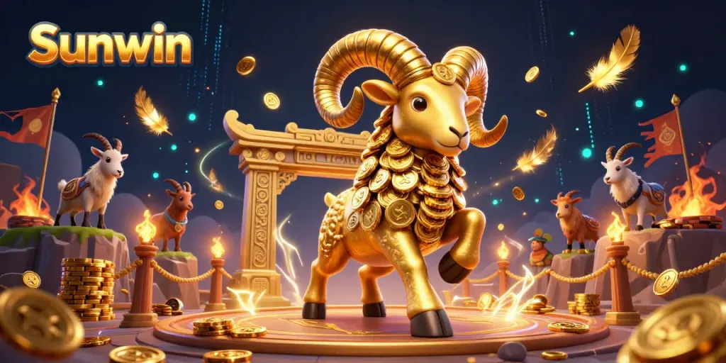 Engage with thrilling action at the Sunwin Casino featuring a golden ram amidst swirling gold coins.