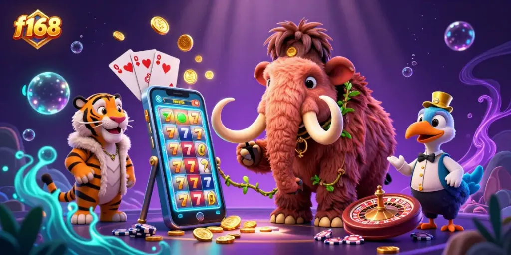 Engage with f168's lively cartoon scene featuring a mammoth bouncer and colorful casino game elements.