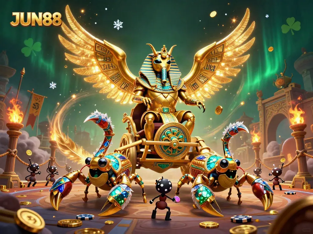 Experience thrilling gameplay with JUN88's vibrant casino atmosphere featuring golden beetles and scorpions.