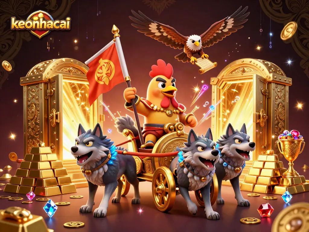 Bet and win with keonhacai in a vibrant 3D illustrated casino battle scene.