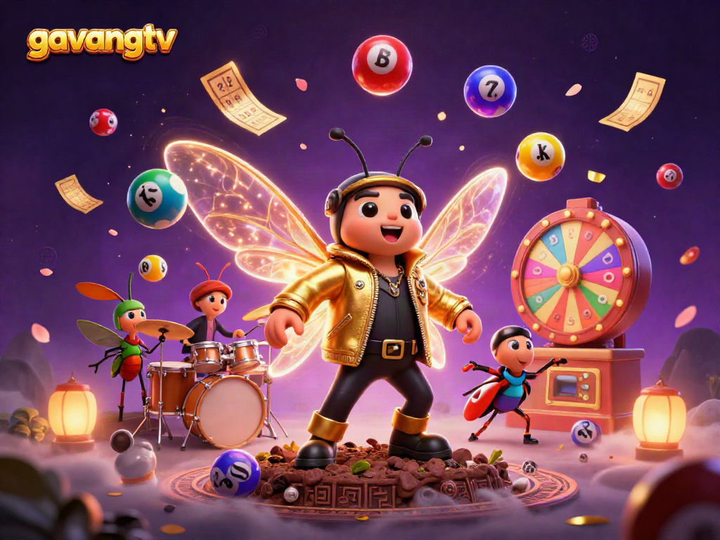 Get ready to win big with gavangtv's vibrant 3D cartoon scene of a cicada rock star and exciting lottery elements.