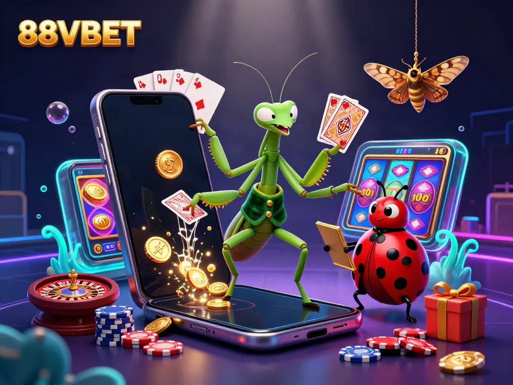 Engage with 88VBET in a vibrant 3D casino scene featuring a card sharp and cartoon characters.