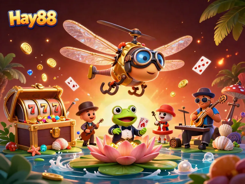 Experience exciting casino action with Hay88 as a dragonfly pilot hovers over a lily pad casino full of vibrant games.