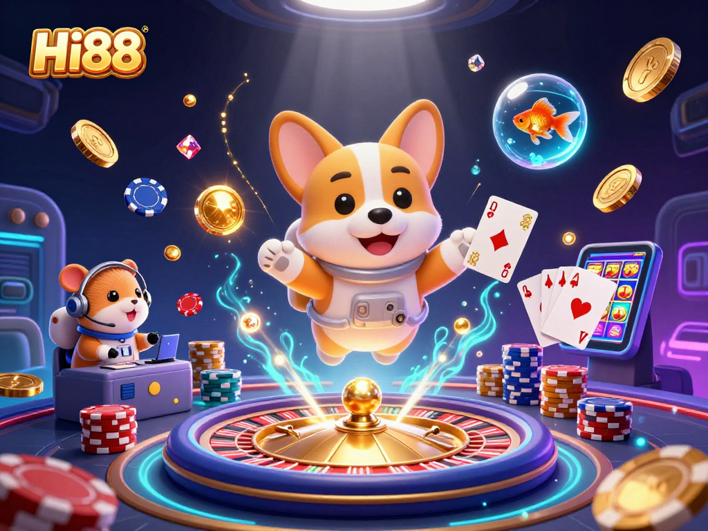 Join Hi88's exciting gaming adventure with a floating corgi astronaut in a casino!