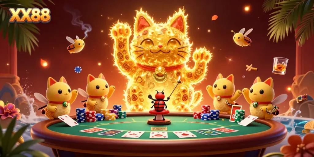 Play XX88 with golden fireflies and lucky symbols in an enchanting casino scene.