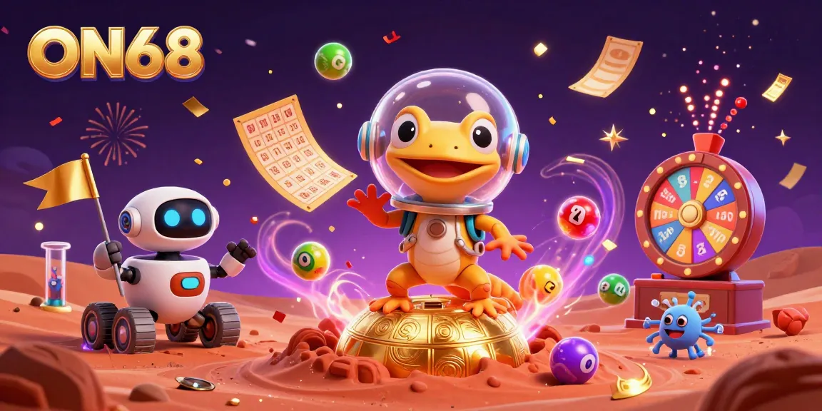 Experience the excitement of ON68 with a vibrant 3D scene featuring a Martian gecko and casino elements.