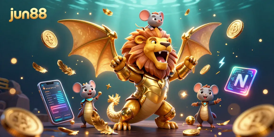 Join the action and win at jun88's dynamic gaming environment featuring a roaring chimera and crypto elements.