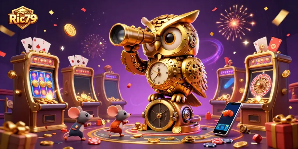 Engage with the exhilarating atmosphere of Trang chủ Ric79 featuring a whimsical owl surveying a vibrant casino scene.