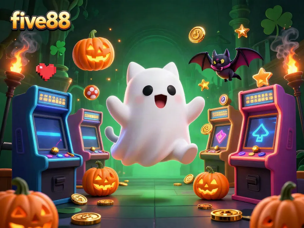 Experience thrilling gaming adventures at five88 with a ghost cat and vampire bat in a haunted casino.