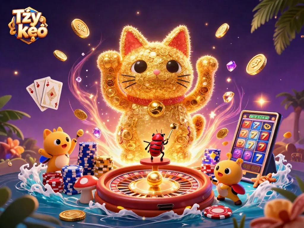 Experience Tỷ lệ kèo with festive golden fireflies and casino symbols in a vibrant 3D scene.