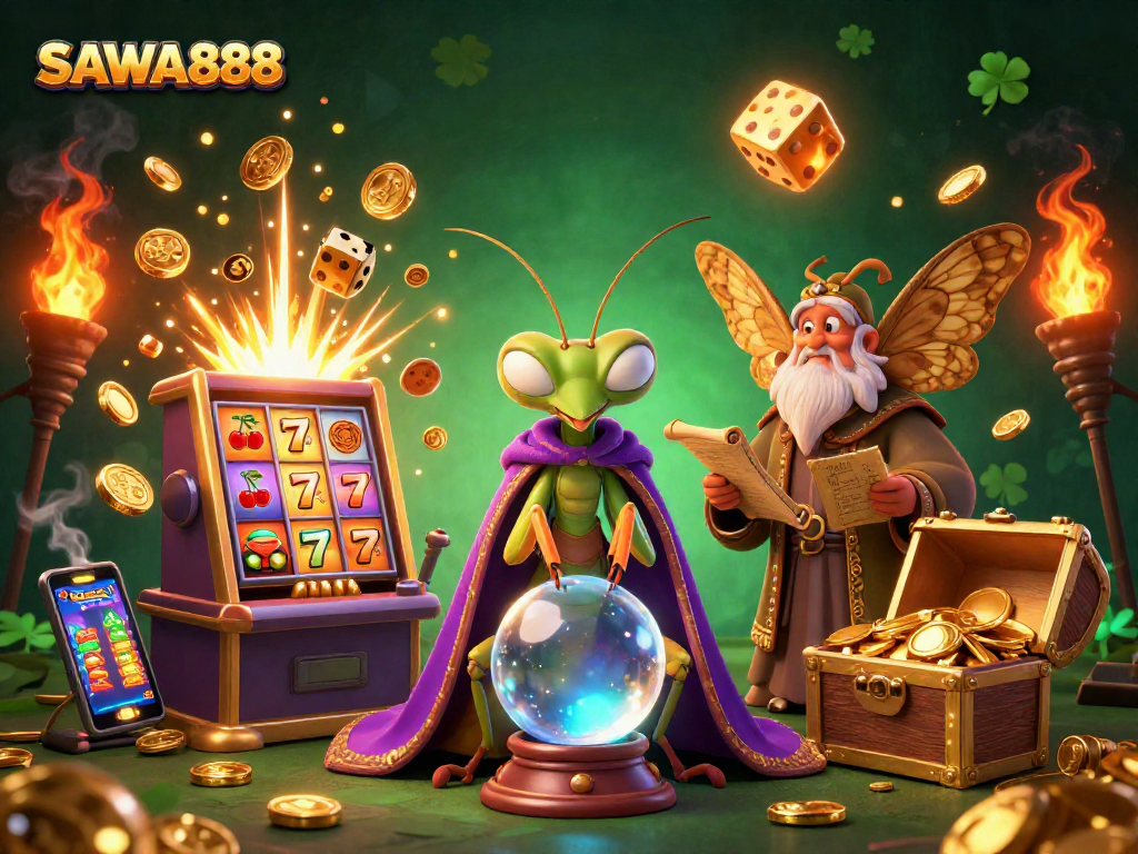 Experience the excitement of SAWA888 with vibrant characters and dynamic casino elements in a colorful 3D illustration.