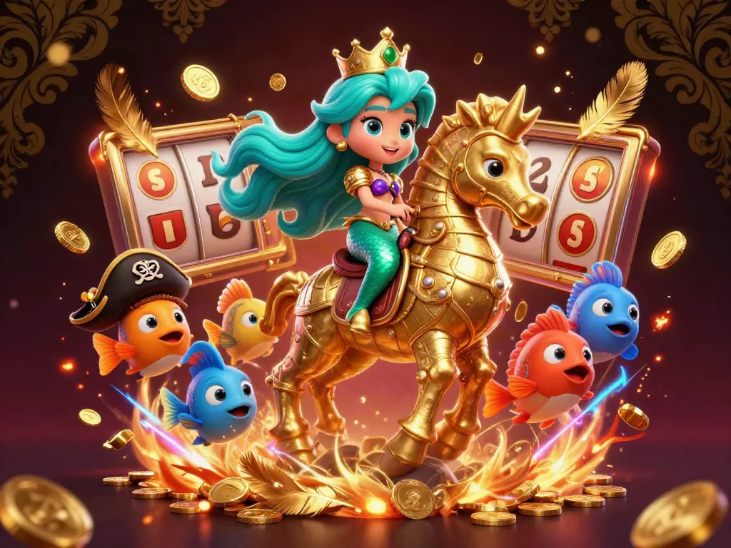Experience the thrill of EX88 with a vibrant mermaid and giant seahorse in an engaging casino scene filled with gaming elements.