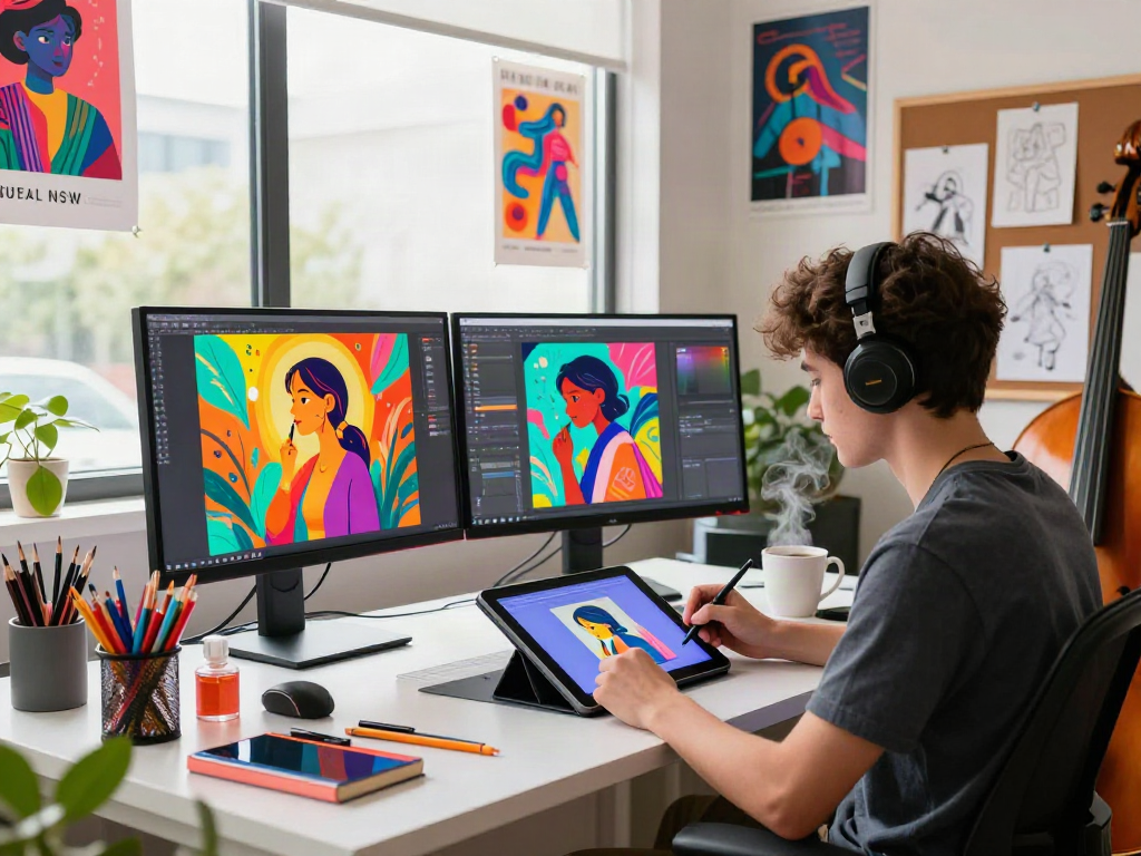 Artist designing captivating nsfw ai illustrations in a colorful art studio.