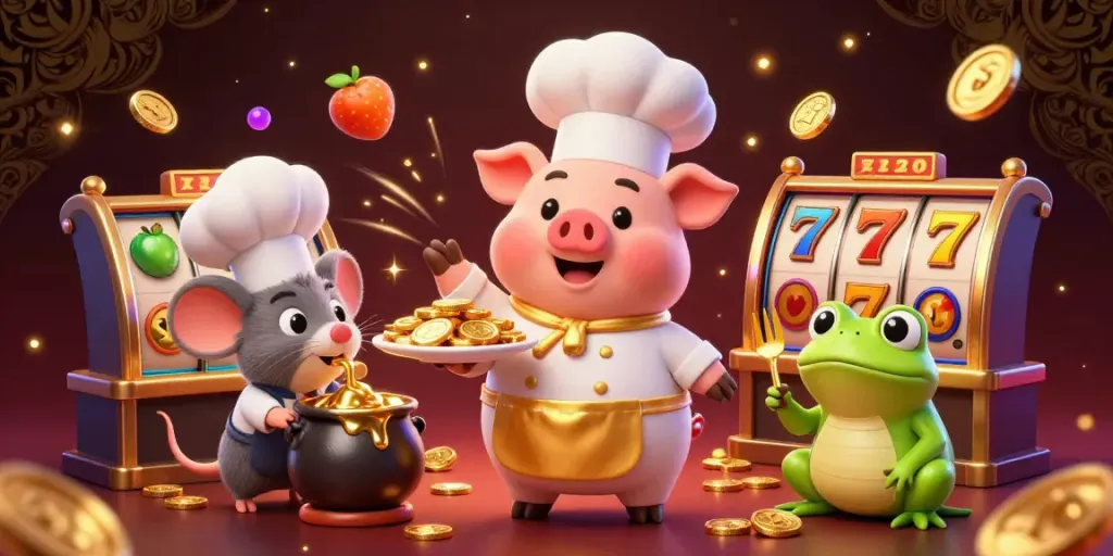Gambling cartoon scene showcases GK88 featuring a chef pig, sous-chef mouse, and critic frog among slot reels.