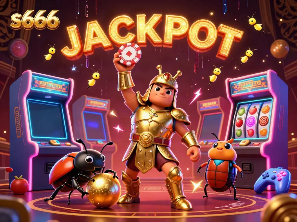 Experience the thrill of s666 with a heroic beetle lifting a poker chip amid vibrant casino elements.