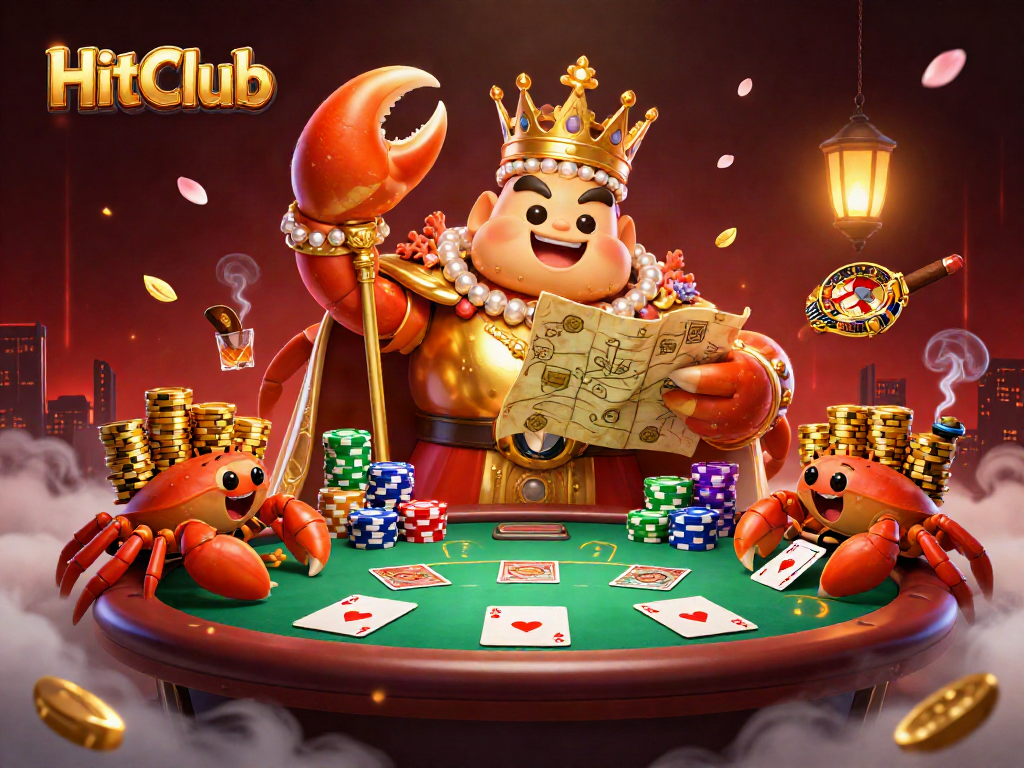 Engage with HitClub's vibrant poker scene featuring a golden crab emperor amidst rich gambling elements.