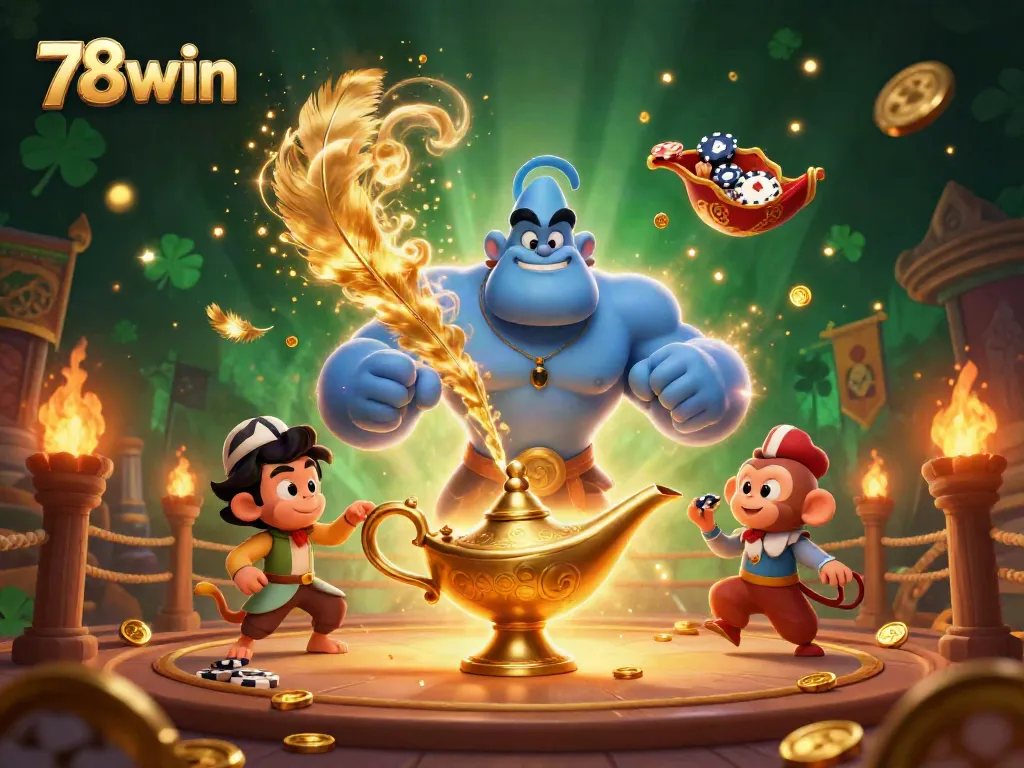 Experience the thrill of 78win with a blue genie, poker chips, and vibrant casino elements.