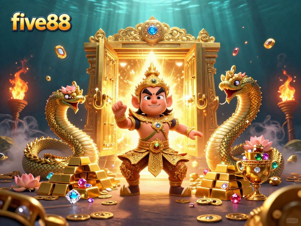Experience the excitement of five88 as the temple guardian stands ready amidst treasures and vibrant gems.