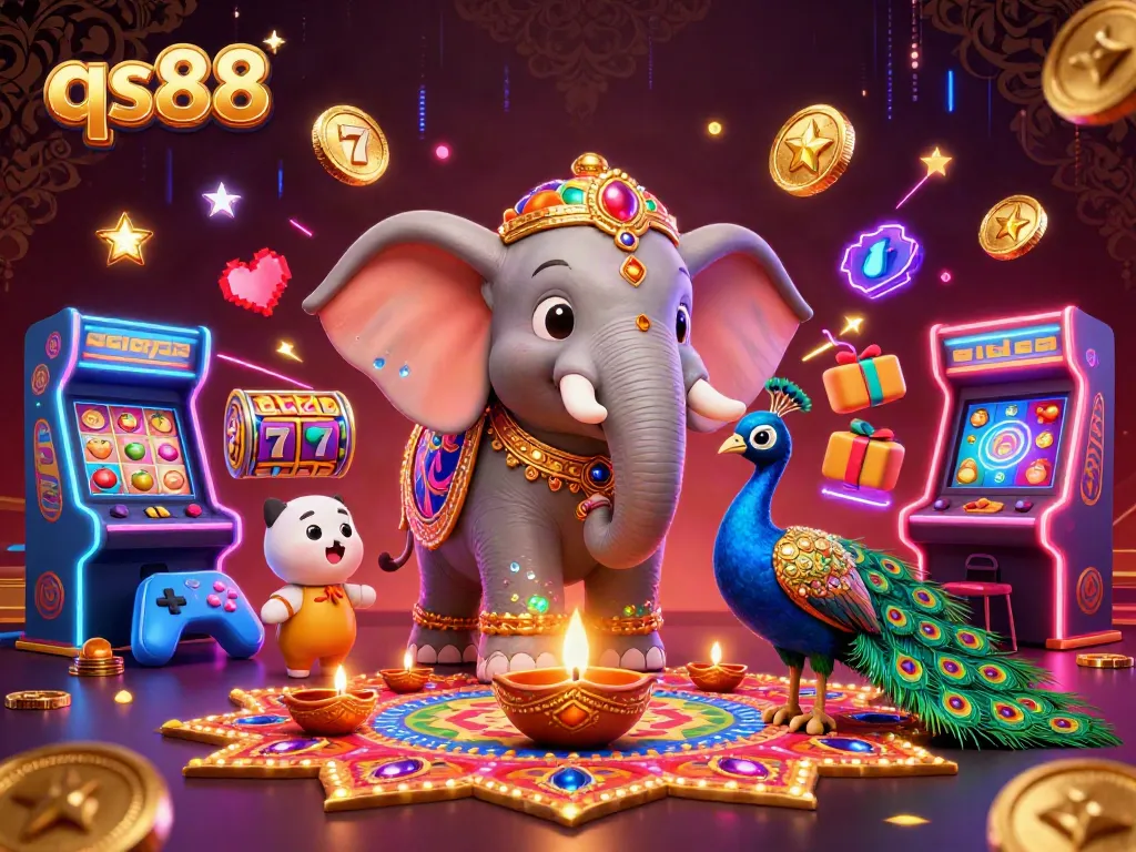Engage with the energetic qs88 casino world, showcasing an ornate elephant, peacock, and dynamic slot elements.
