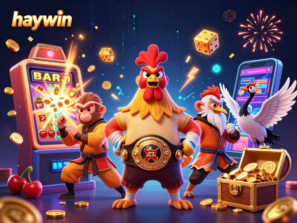 Experience big wins at haywin with our vibrant casino illustration showcasing lucky symbols and characters.