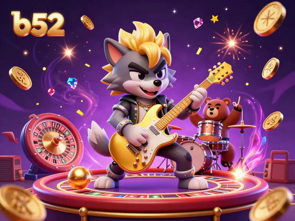 Experience the excitement of b52 with gamblers enjoying a lively casino atmosphere, surrounded by coins and gems.