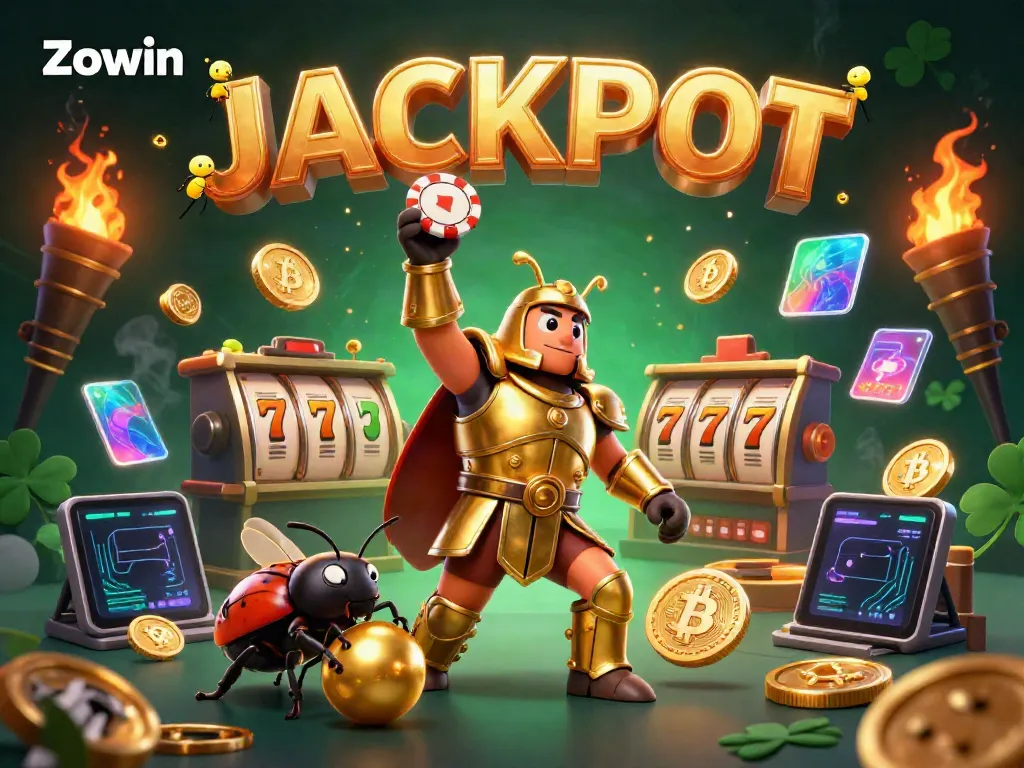 Zowin celebrates victory with hercules beetle champions and vibrant casino elements.