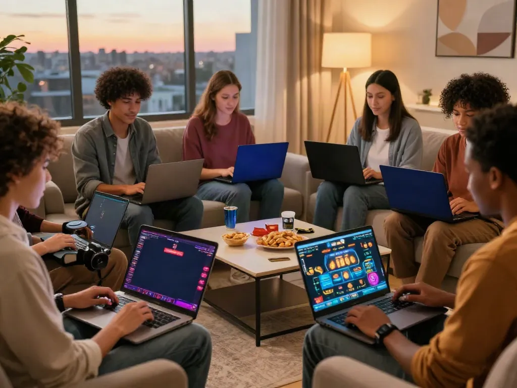 Players engaging with online credit card casinos in a cozy living room setting, showcasing modern gaming and interaction.