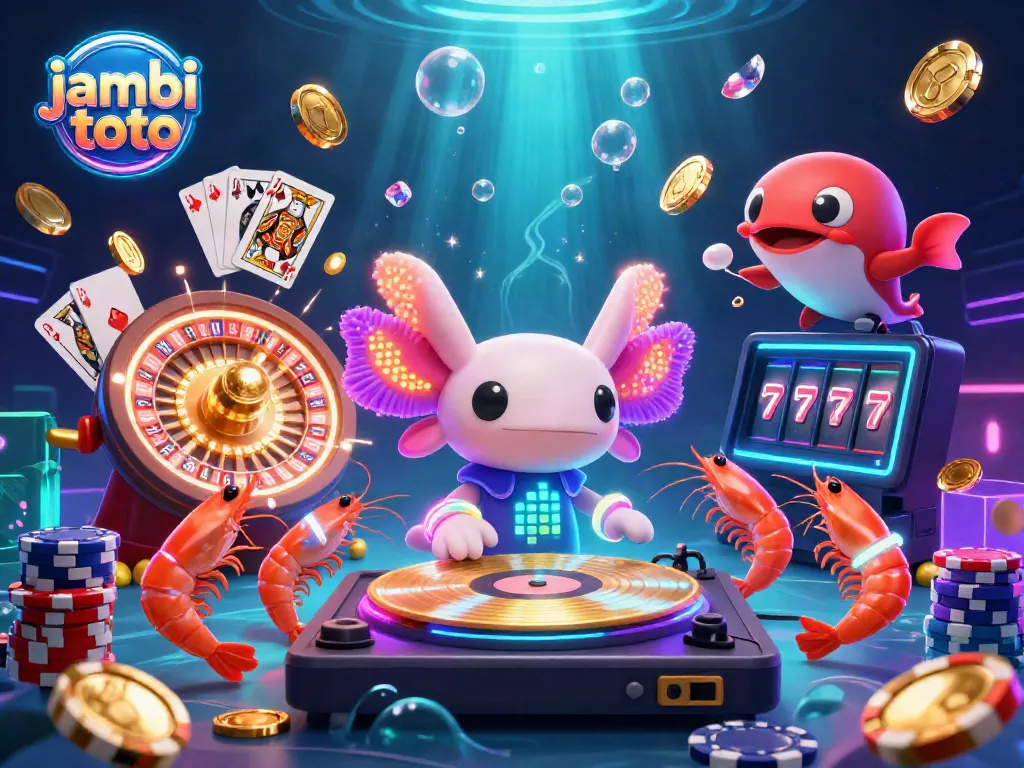 Unleash excitement with jambi toto in this vibrant underwater casino scene featuring a neon axolotl DJ and glowing game elements.