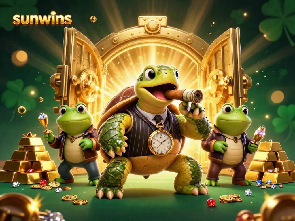 Experience the thrill of sunwins with a cartoon turtle in mobster attire, amidst casino treasures.