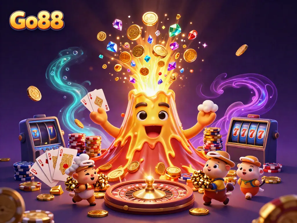Go88 offers thrilling gameplay with golden coins and overflowing treasures from a golden volcano.