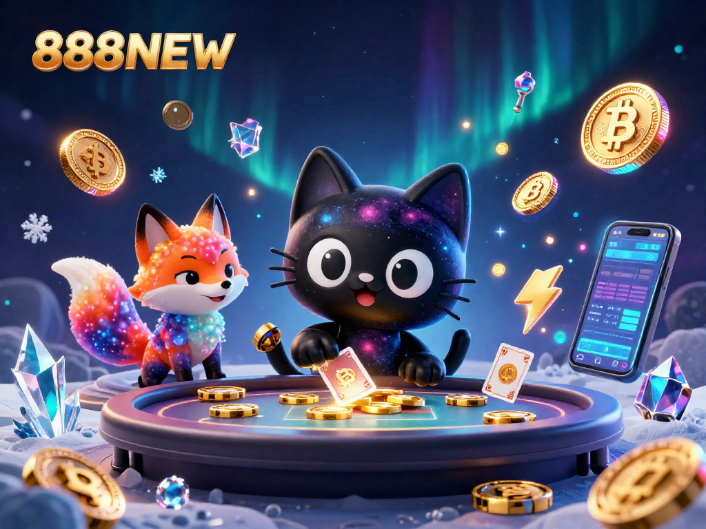 Win big with 888NEW in a vibrant cosmic casino featuring unique characters and cryptocurrency elements.