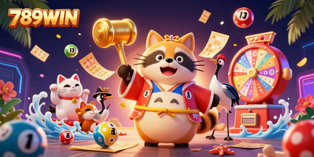 Engage in thrilling games at 789WIN, featuring a cheerful tanuki and fortune cats amidst vibrant lottery elements.