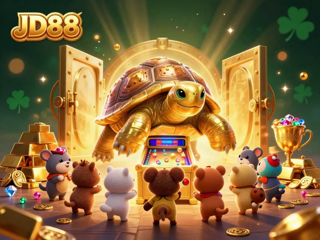 Experience the thrill of JD88 with a colossal golden tortoise in a vibrant casino scene filled with treasures and excitement.