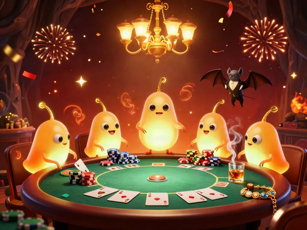 Experience thrilling poker action with glowing Xoilac glowworms lighting up a vibrant cave casino scene in 3D.