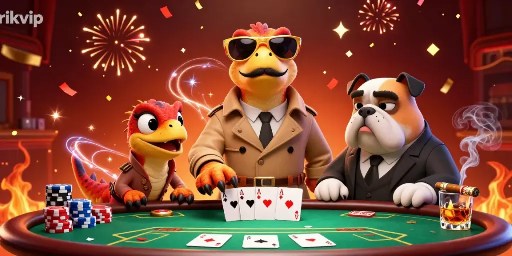 Three raptors in a trench coat enter a VIP casino lounge, highlighting the lively atmosphere of rikvip.