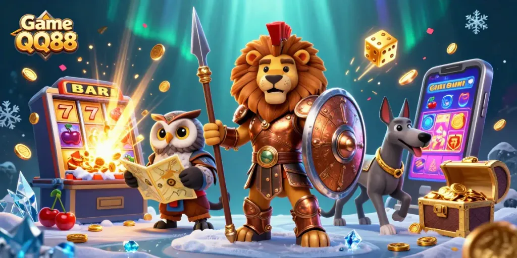 Experience the thrill of Game QQ88 with a dynamic illustration of casino excitement and adventure