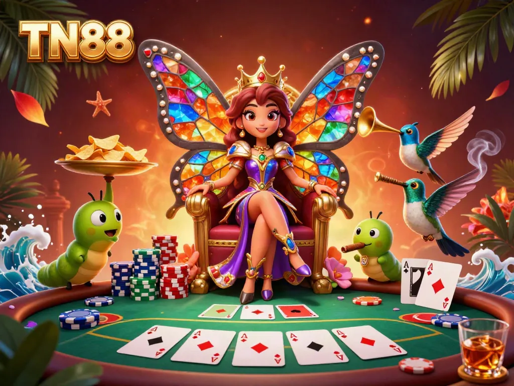 Experience thrilling TN88 poker scenes with a vibrant butterfly queen presiding over the action.