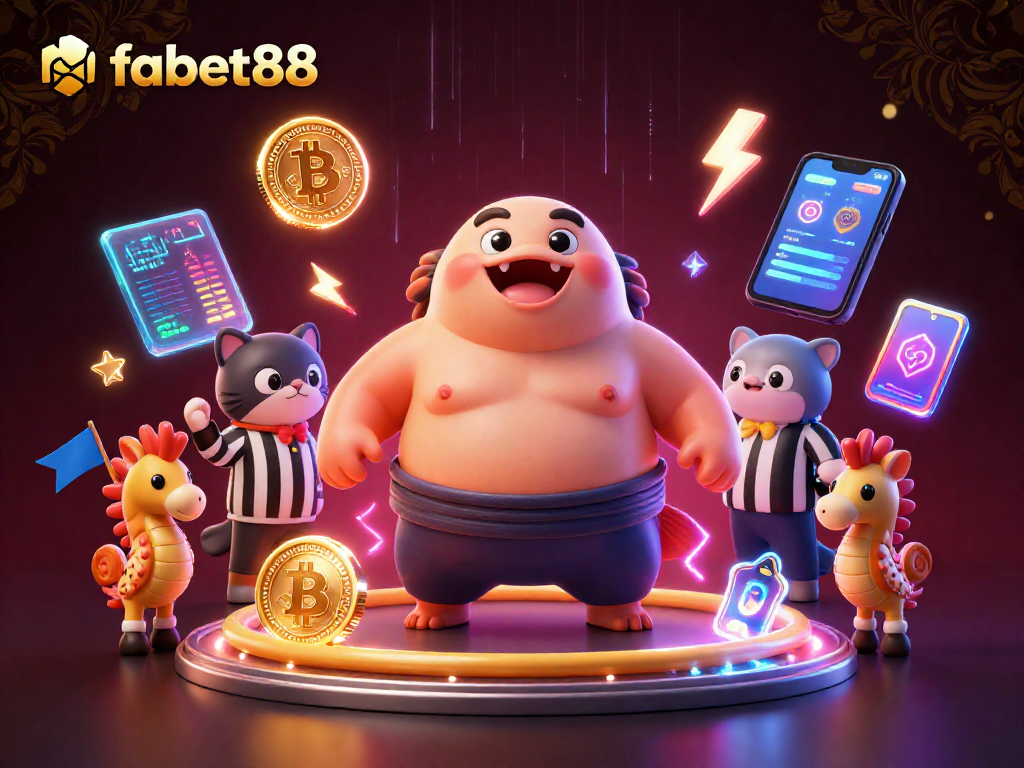 Engage in thrilling gameplay at fabet88, showcasing a fugu in a sumo belt amidst vibrant crypto elements.