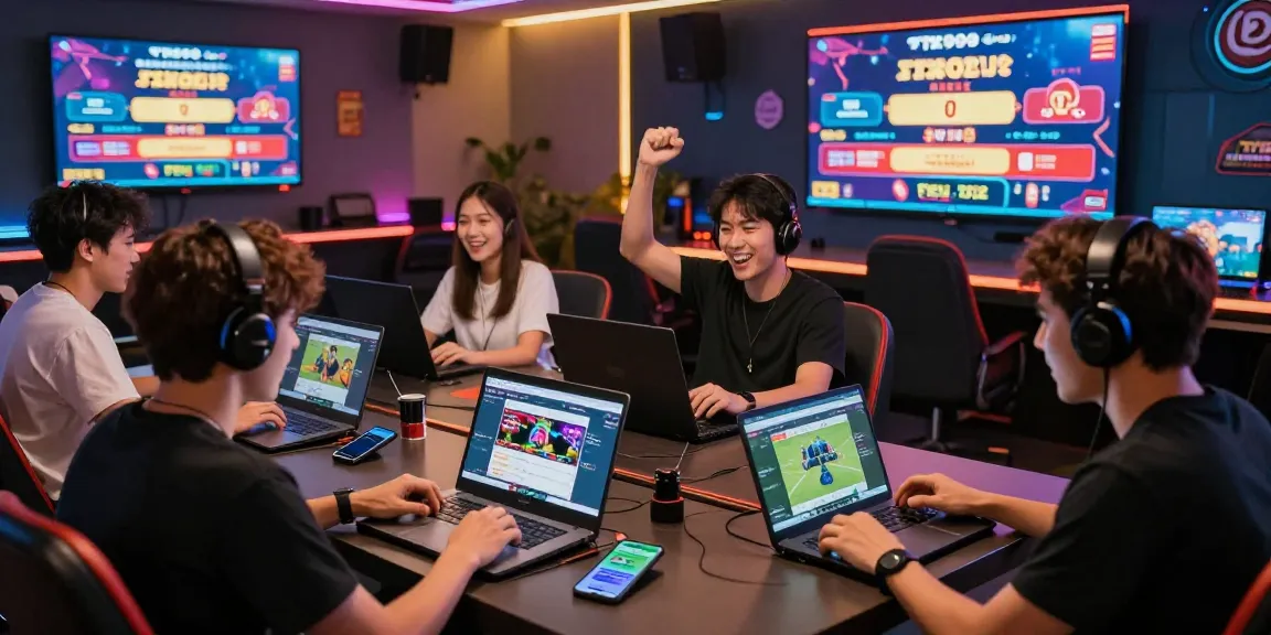 Excited players engaging with TK999 online gaming platform on laptops and mobiles, showcasing vibrant betting atmosphere.