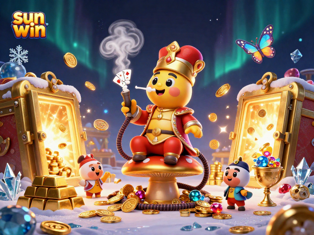 Experience the excitement of sun win where a casino caterpillar masterfully blows poker smoke rings amidst sparkling treasures.