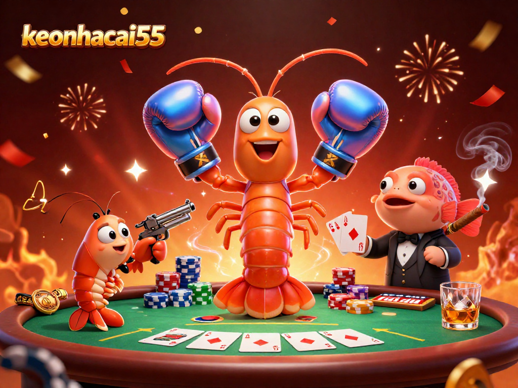 Join the action with keonhacai55 as a mantis shrimp and friends tackle a vibrant poker scene.