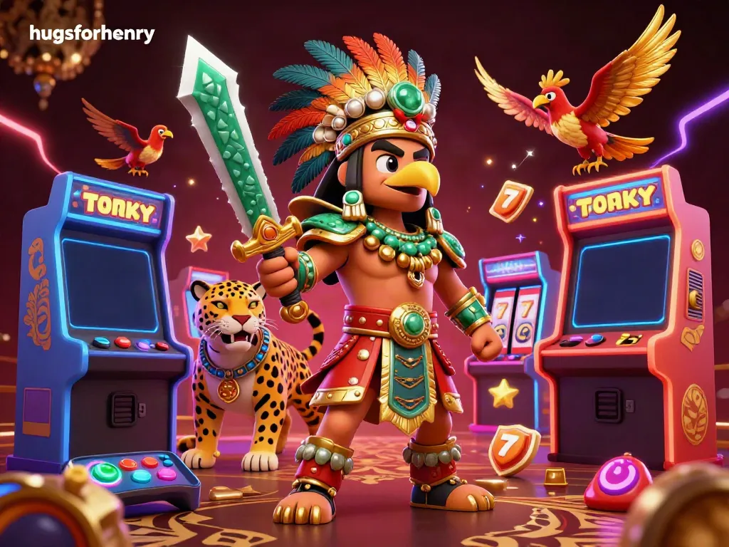 Experience the exciting world of HugsforHenry with dynamic gambling elements and vibrant characters in this 3D illustration.