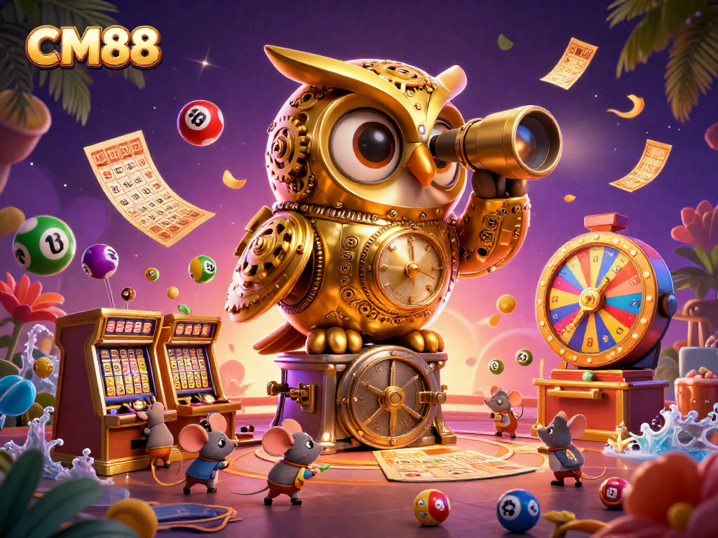 Engage with CM88's exciting casino action featuring a golden owl surveying thrilling games and wind-up mouse patrons.