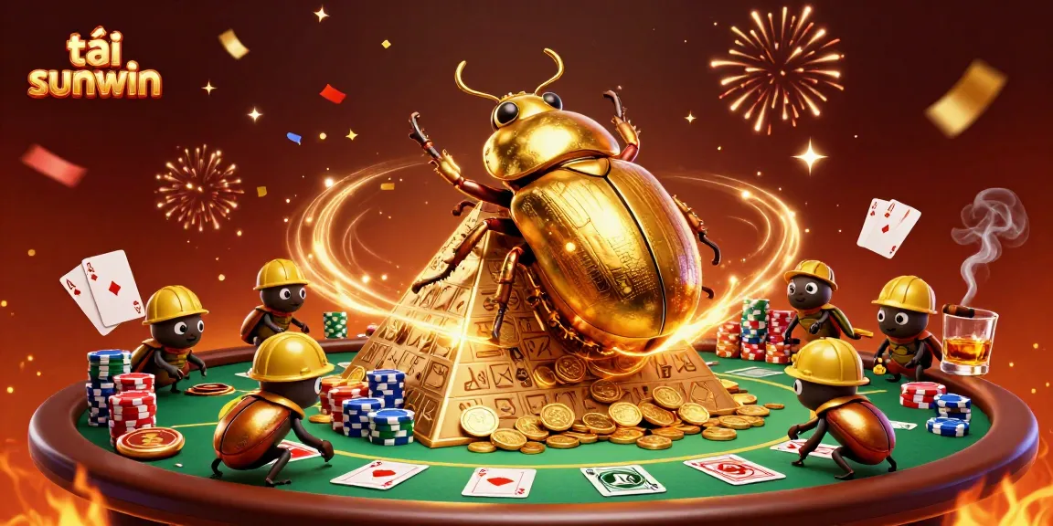 Engage in vibrant gaming action, tải sunwin with massive golden beetles rolling coins in a rich casino scene.