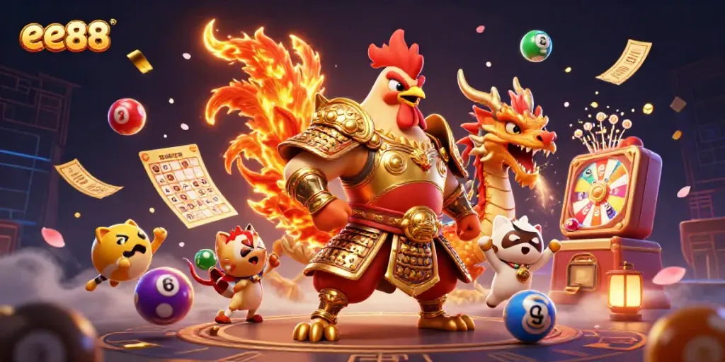 Engage with ee88's vibrant casino atmosphere featuring a samurai rooster and a sparkling dragon