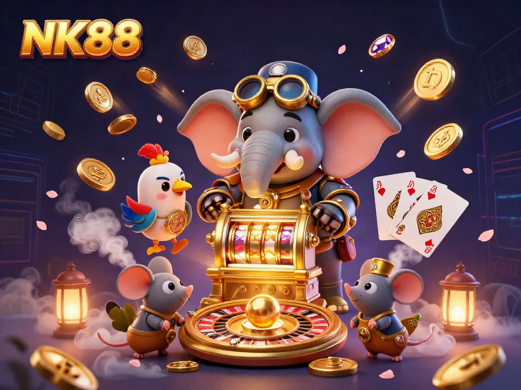 Engage with NK88 through this vibrant steampunk casino scene with dazzling visuals.