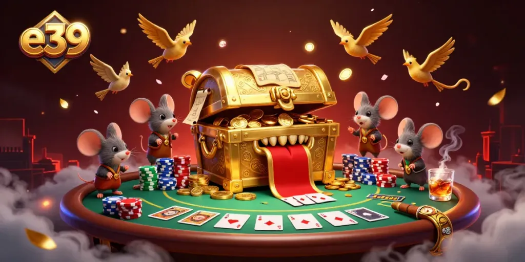 Engage with e39 in an exciting 3D casino scene featuring a treasure chest and poker elements.