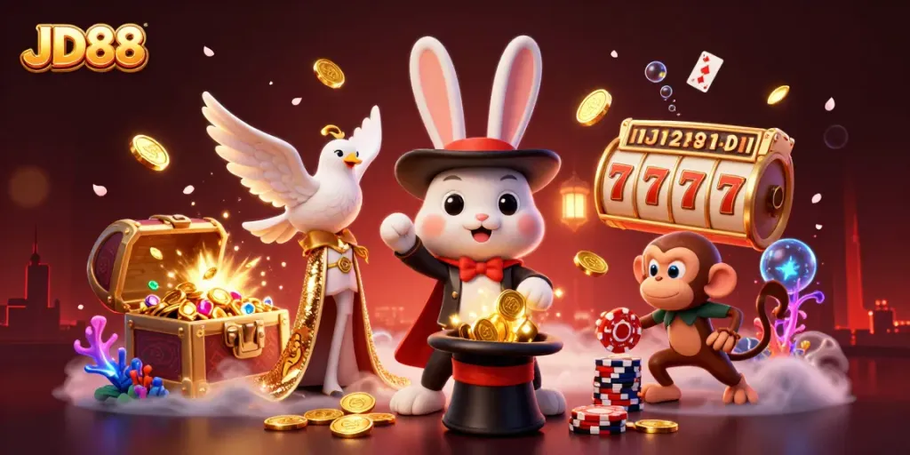 Experience excitement with JD88 - a vibrant 3D casino scene showcasing playful characters and dynamic gambling elements.